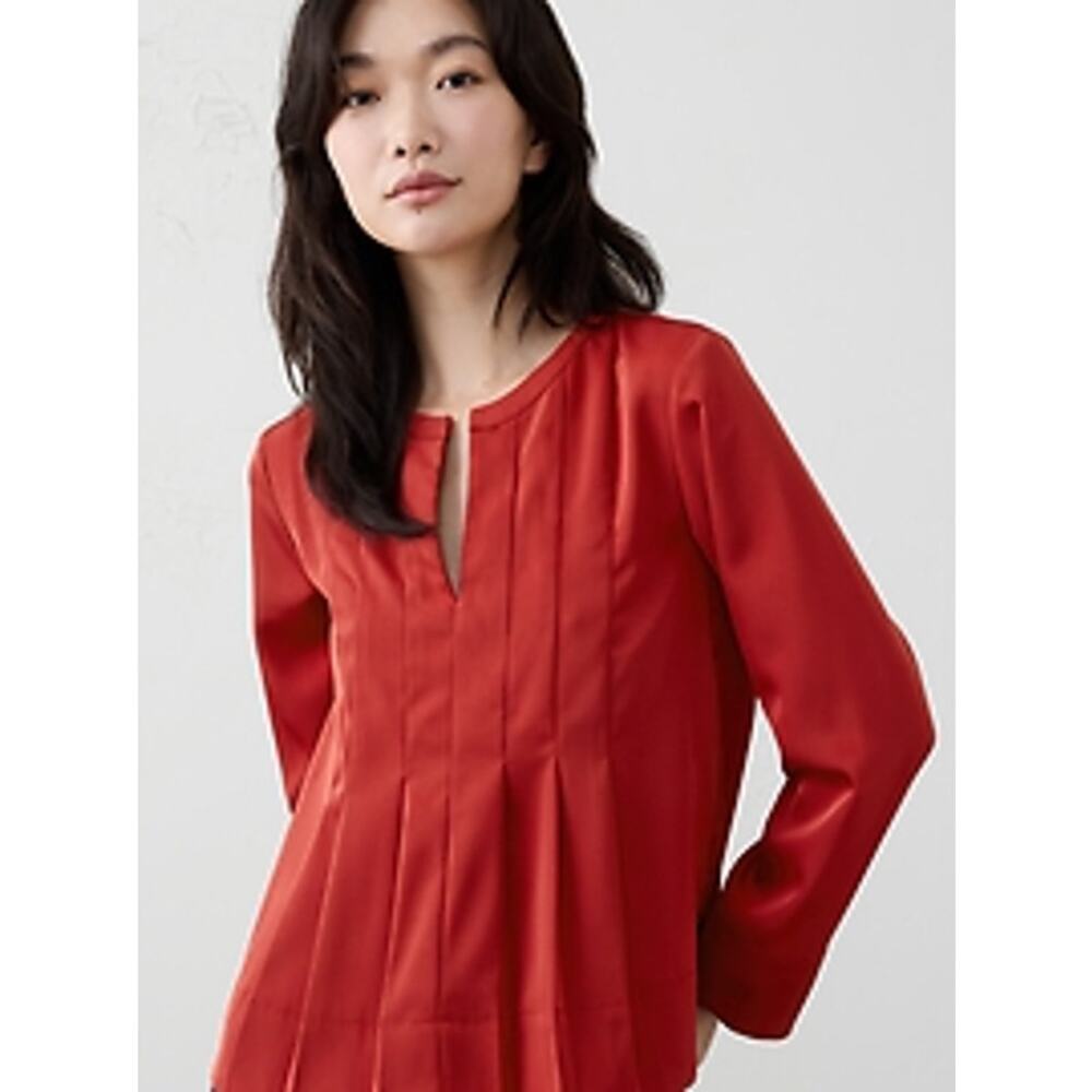 NWT Banana Republic Long Sleeve Split Neck Pleated Swing Blouse Top Red Womens M